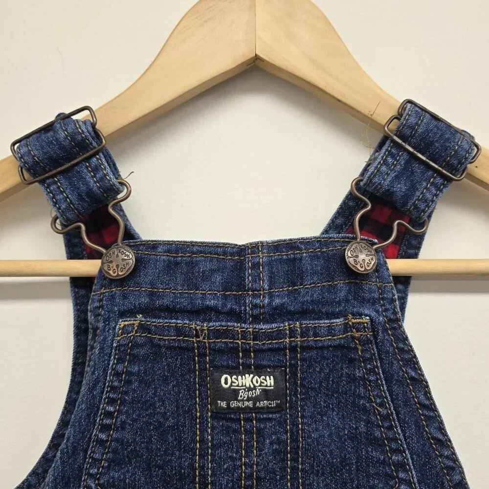 Oshkosh B’Gosh Bib Overalls Size 3T Plaid Cuffs Adjustable Straps Blue Denim